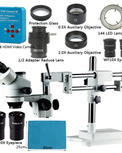 3.5-180X Mikroskop Stereo Trinokularni Double Stand +Videokamera 48MP 2K HDMI USB 144 LED světlo (White Set)