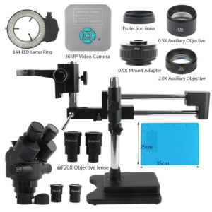 3.5-180X Trinocular Stereo Microscope Set +Videokamera 36MP 4K UHD HDMI USB 144 LED Lampa (Black Set)