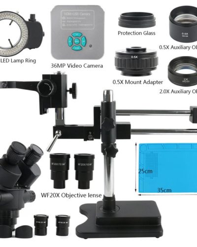3.5-180X Trinocular Stereo Microscope Set +Videokamera 36MP 4K UHD HDMI USB 144 LED Lampa (Black Set)